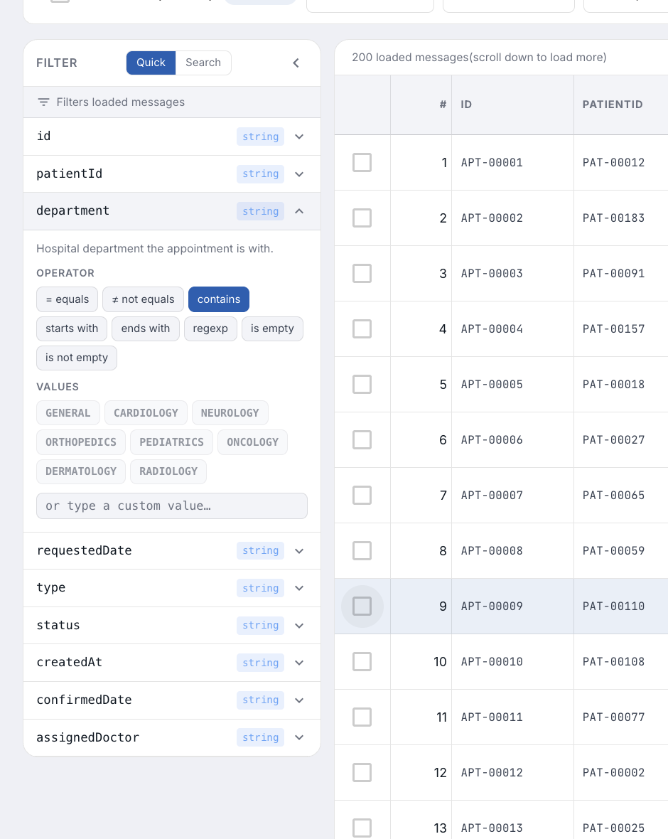 Advanced filter panel showing field-level operators (equals, contains, starts with, regexp) and schema-aware enum value suggestions