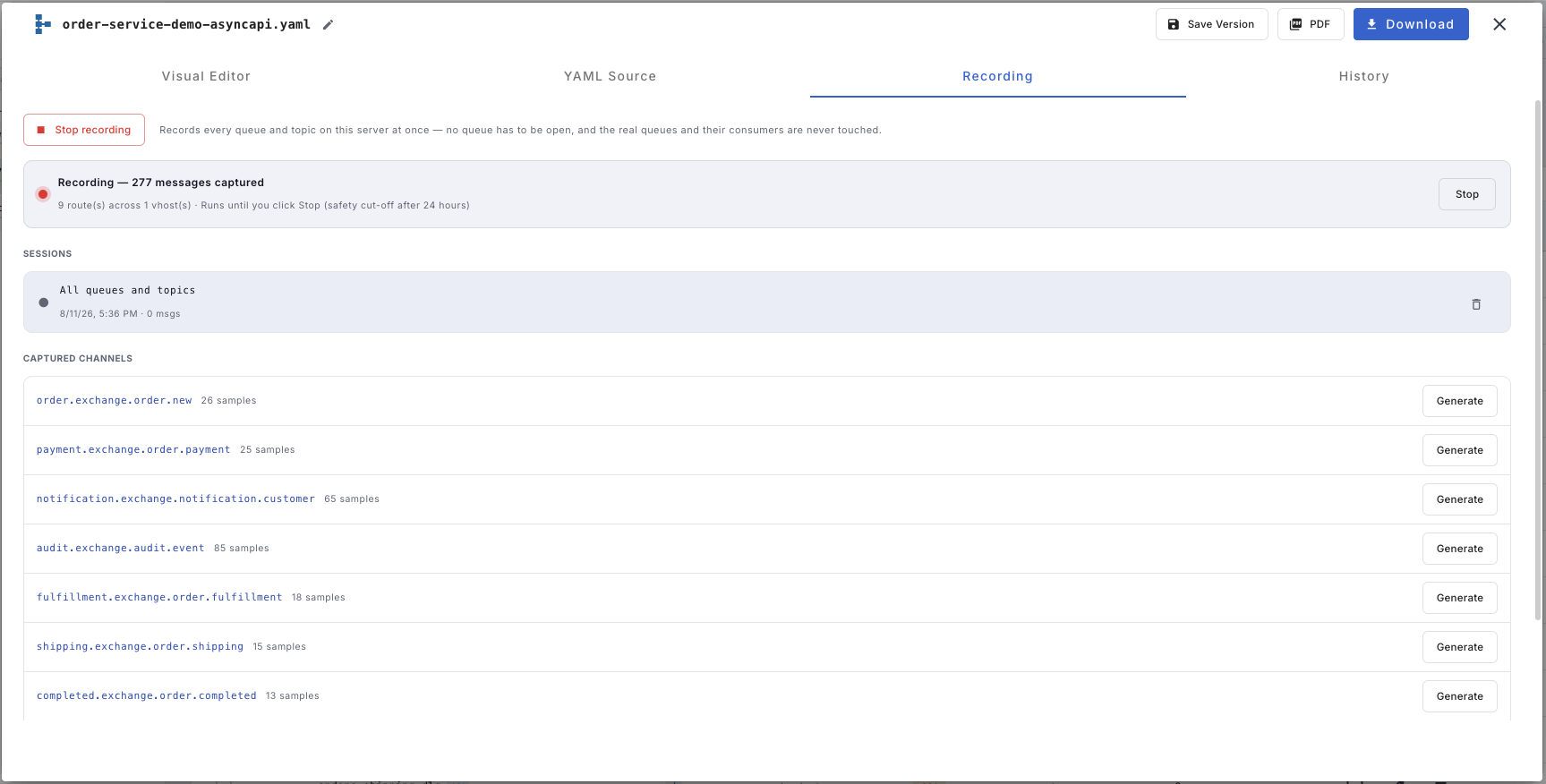 Recording tab showing a live recording with 277 messages captured and a list of captured channels with sample counts and Generate buttons