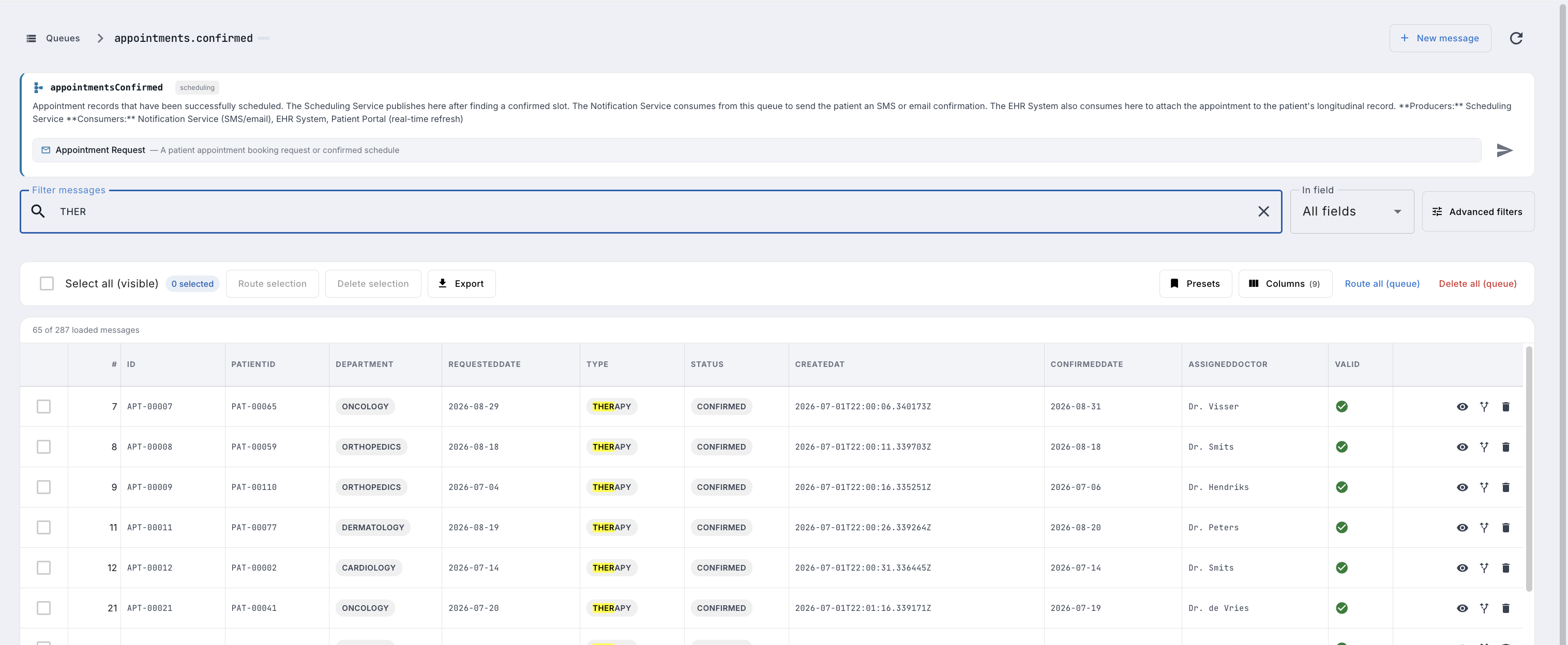 Message browser with search filter active showing THERAPY type messages
