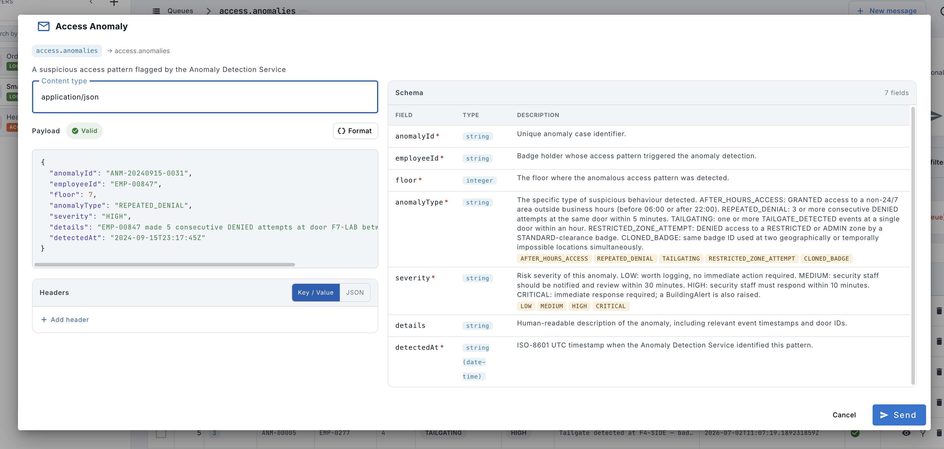 New message dialog with live AsyncAPI schema validation showing field types and enum values