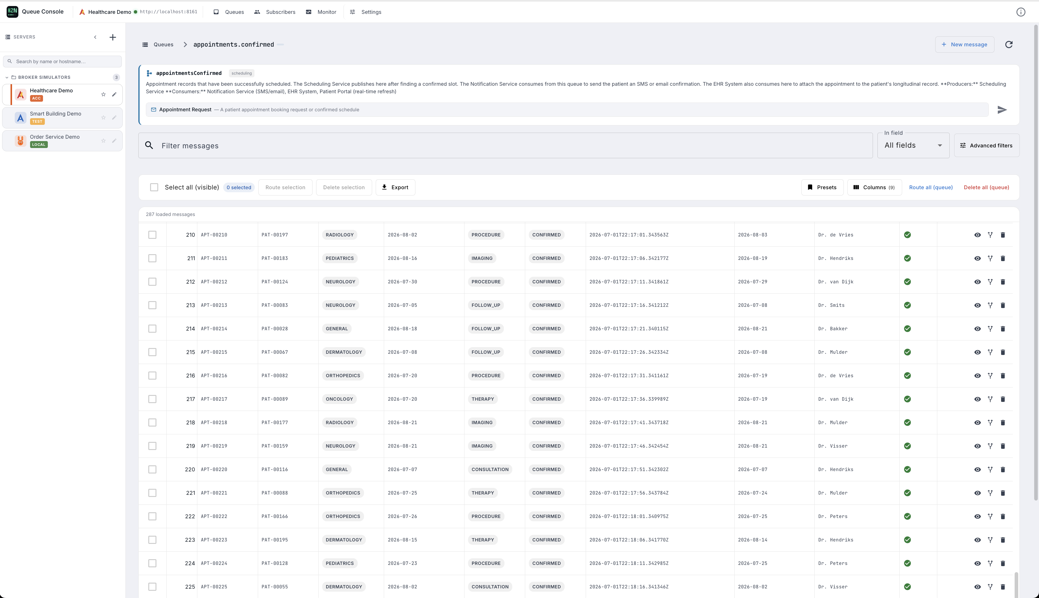 HZN Queue Console — queue browser showing messages in appointments.confirmed