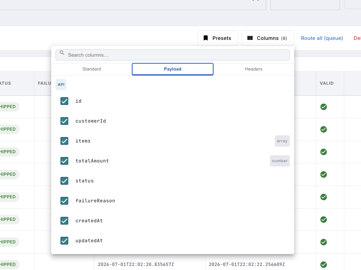Column picker showing JSON payload fields that can be toggled as table columns